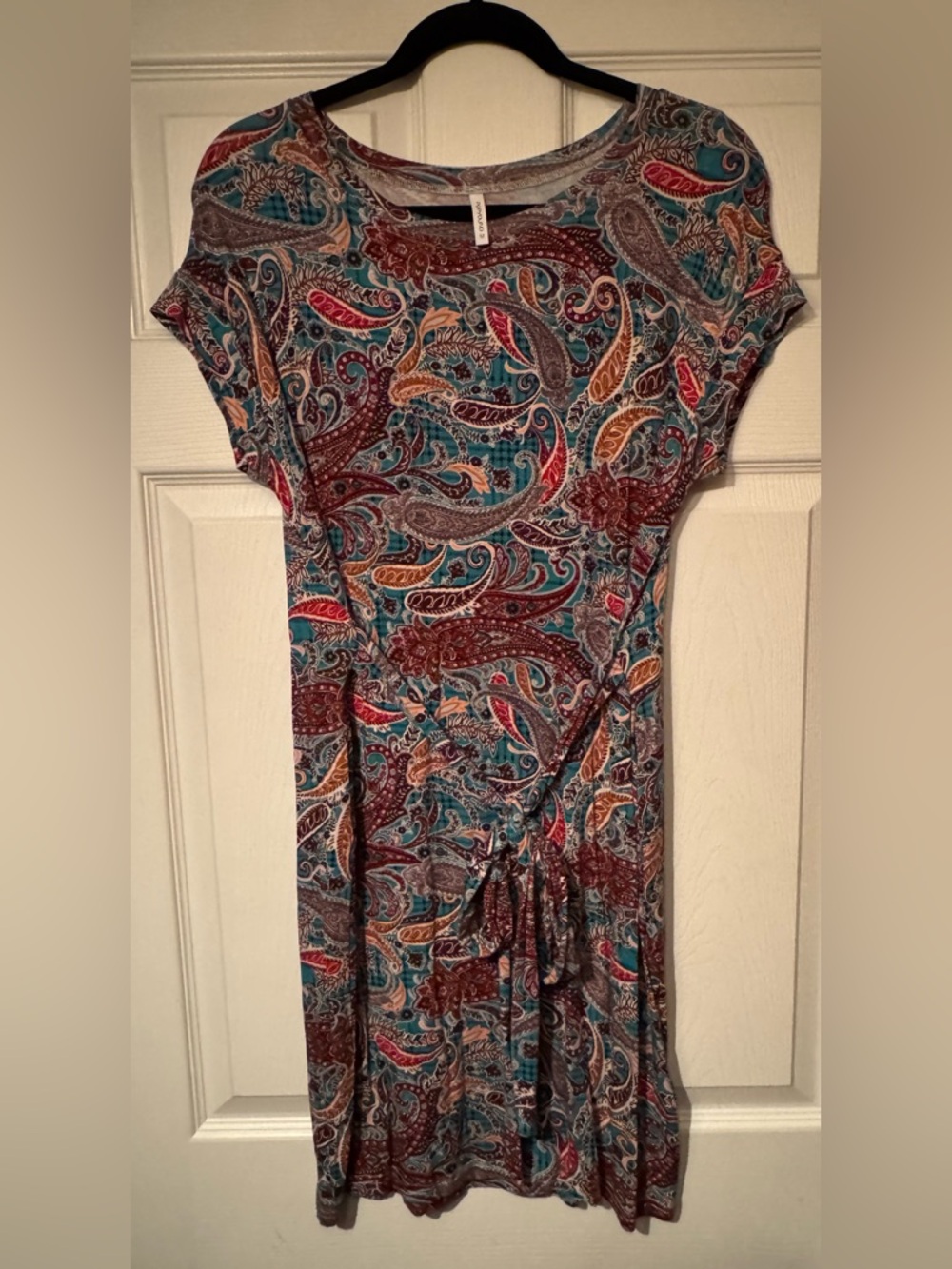 Popyoung Sz Medium Paisley Print Midi Dress Teal Burgundy w/ tie